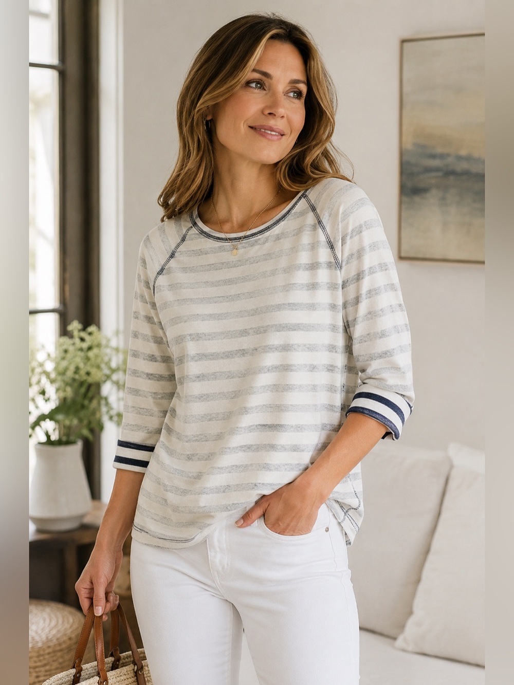 Talbots Gray Stripe 3/4 Sleeve Raglan Knit Top Coastal Casual Women’s M